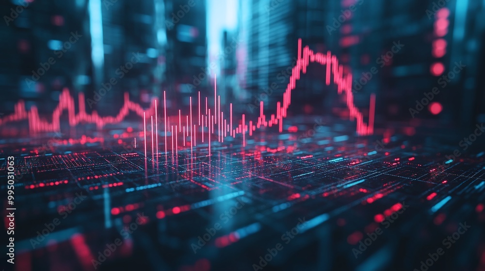Poster digital data visualization with vibrant red and blue lines representing stock market trends.