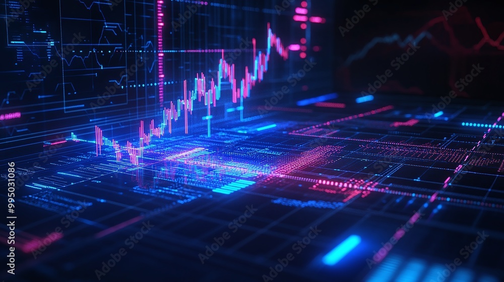 Poster digital data visualizations featuring abstract graphs and charts in vibrant colors on a futuristic b