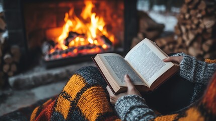 Cozy reading by the fireplace, warm blanket and flickering flames.