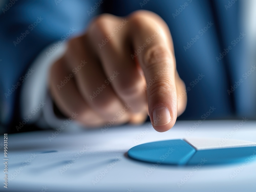 Poster a business professional points at a blue pie chart on a table, indicating data analysis or presentat