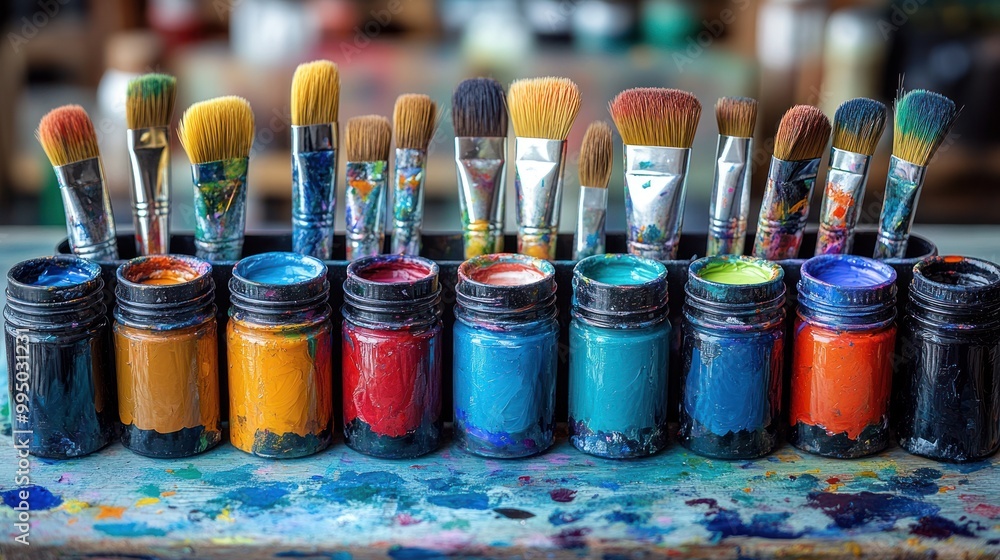 Poster a vibrant array of paint jars and brushes for artistic creation.