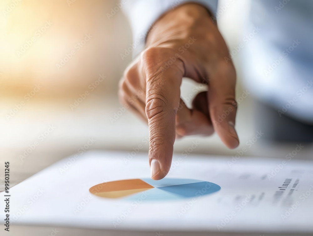Poster a focused hand points at a colorful pie chart on a document, symbolizing analysis and presentation o