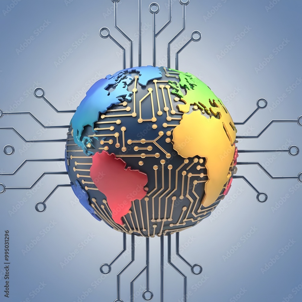 Poster circuit board with world globe, 3d render, square image generated by ai