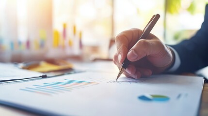 A close-up of a person writing on a chart, highlighting analysis, productivity, and the workspace environment.