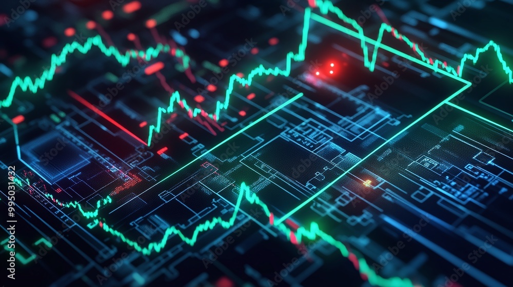 Poster digital financial data chart with green and red indicators on a futuristic background.