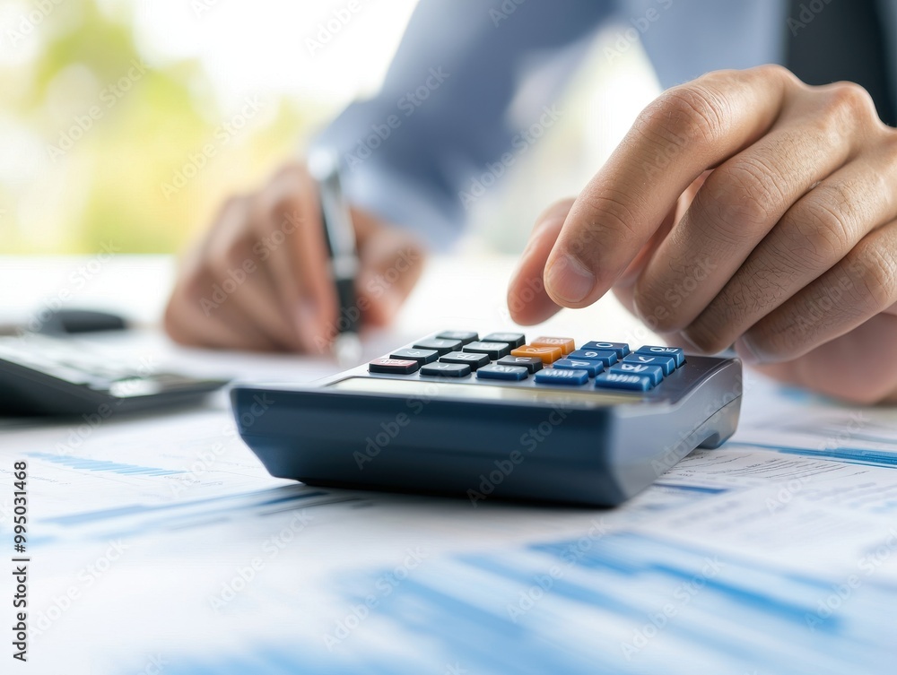 Poster a person calculating figures using a calculator, with financial documents spread out on a table, ind