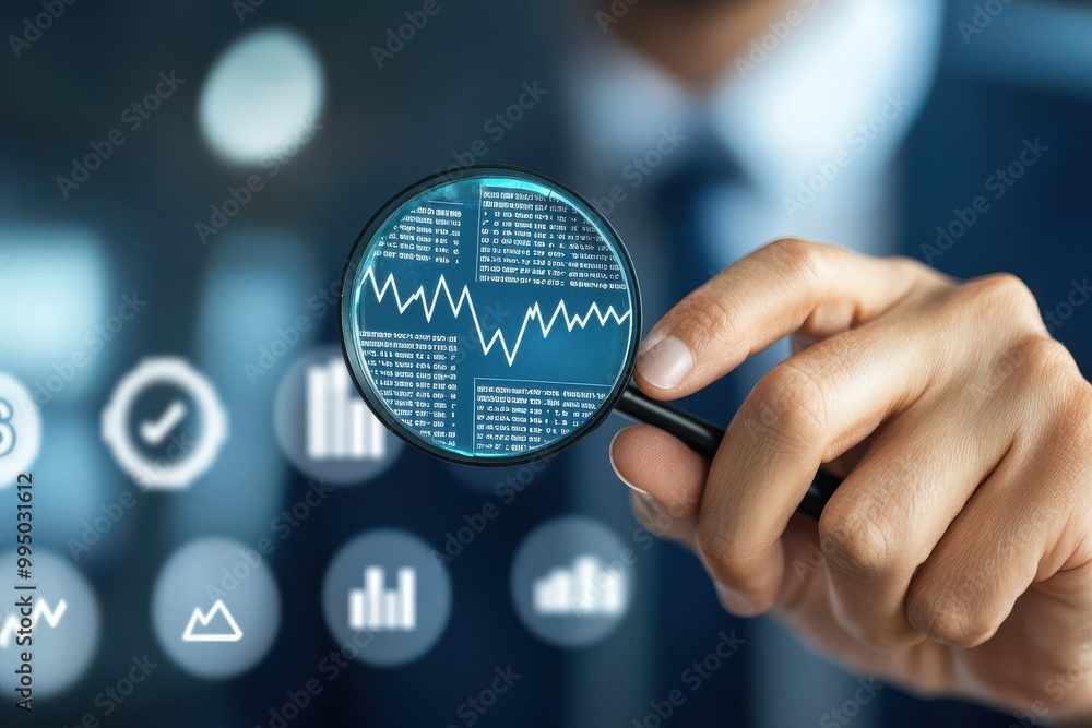 Poster a professional examines data trends through a magnifying glass, emphasizing analysis and insights in