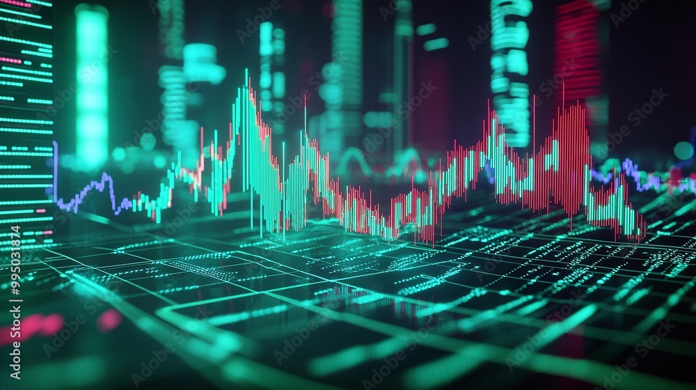 Poster digital financial data visualization with vibrant charts and graphs representing market trends and a