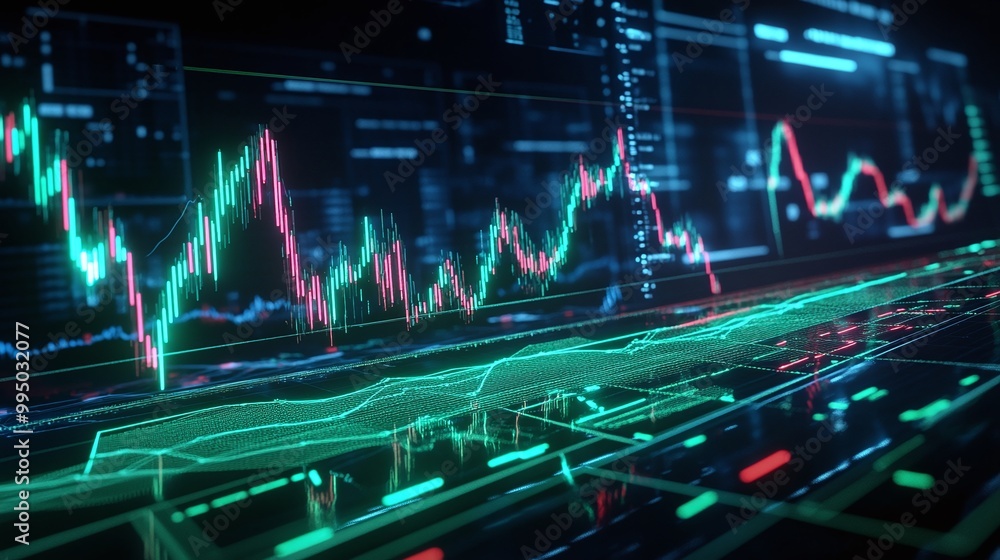 Poster digital financial data visualizations with graphs and charts, representing market trends and analyti