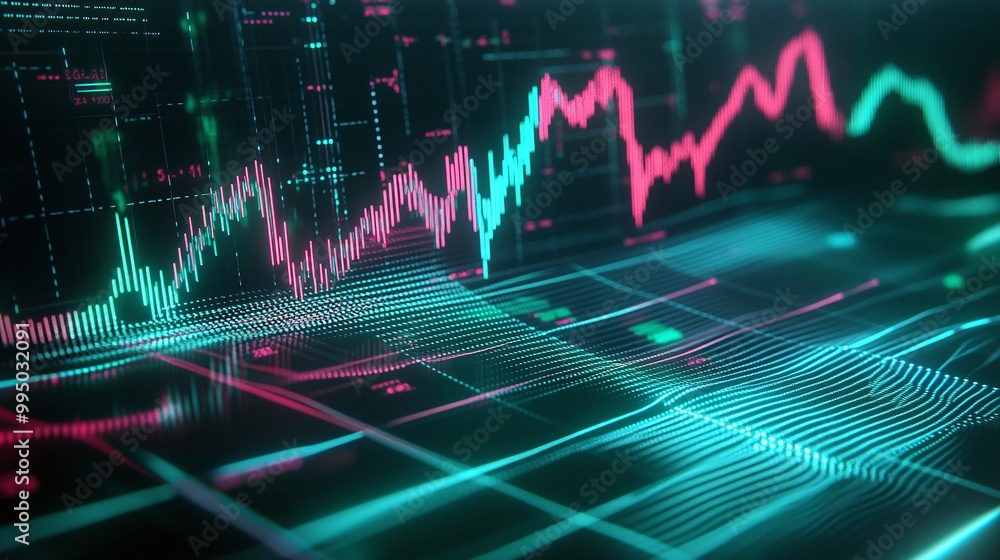Poster digital financial graph showing intricate data trends in bright colors against a dark background.