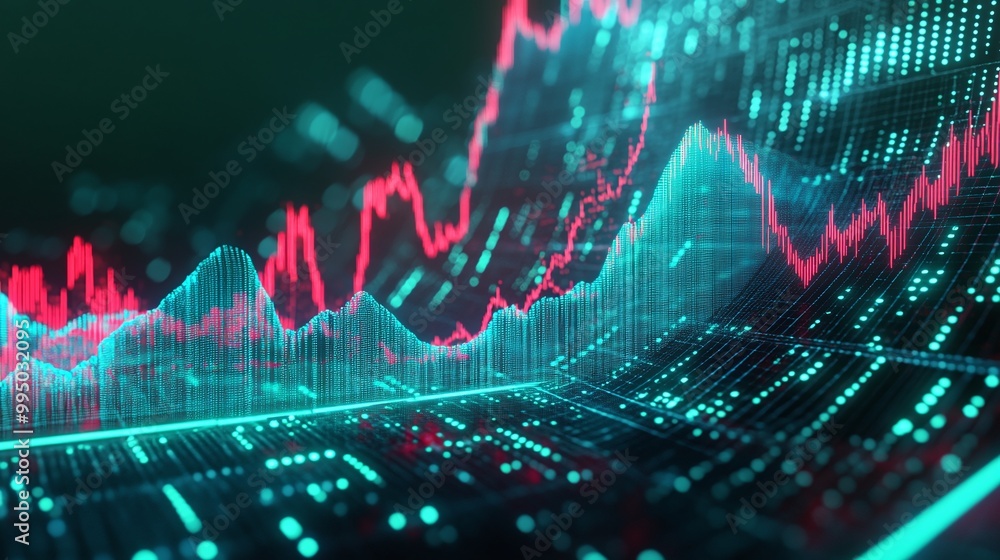 Poster digital financial graph illustrating trends and fluctuations in data analysis.