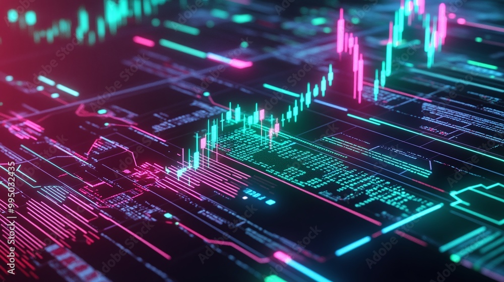 Poster digital financial trading graphics with neon colors representing data analysis and stock market tren