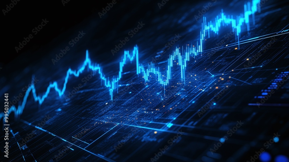 Poster digital graph visualization representing financial growth on a dark background.