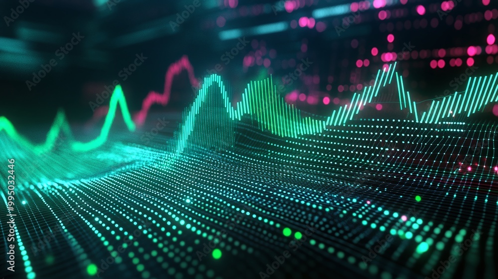 Poster digital sound wave visualization in vibrant colors showcasing data patterns on a black background.
