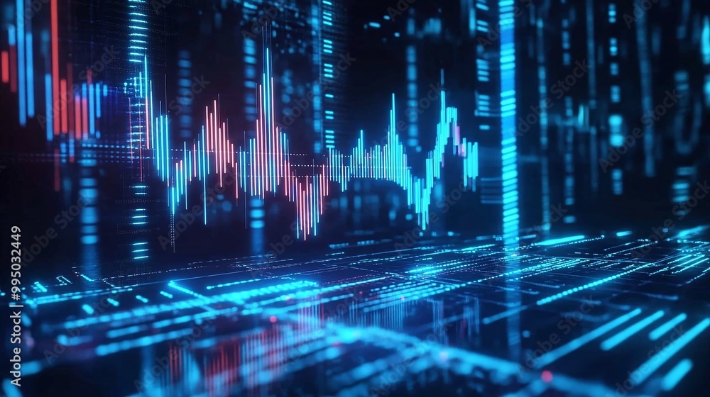 Aufkleber digital sound wave visualization with vibrant blue and red tones with a futuristic abstract backgrou