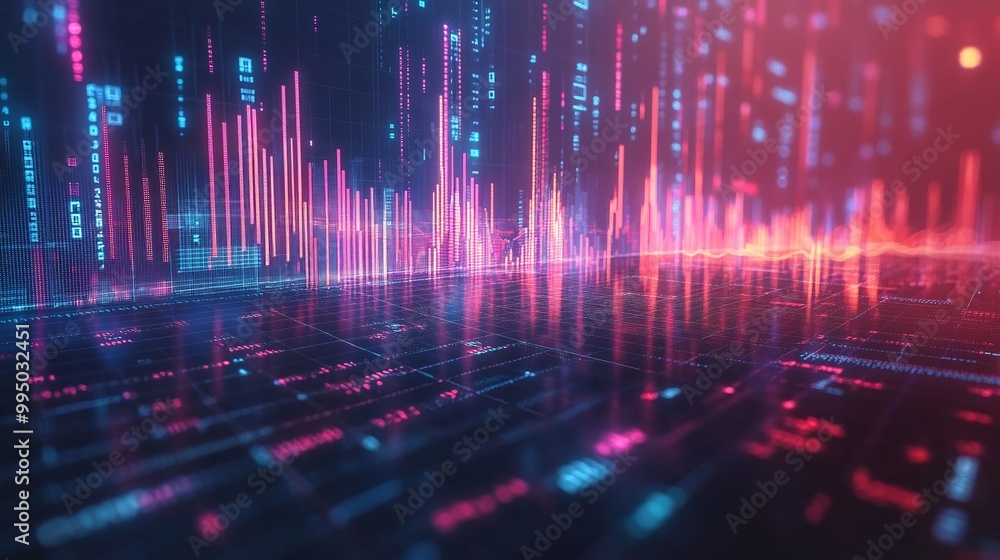 Poster digital sound wave visualization with vibrant colors and abstract patterns, ideal for tech and music
