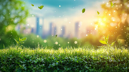 Obraz premium A field of grass with a city in the background