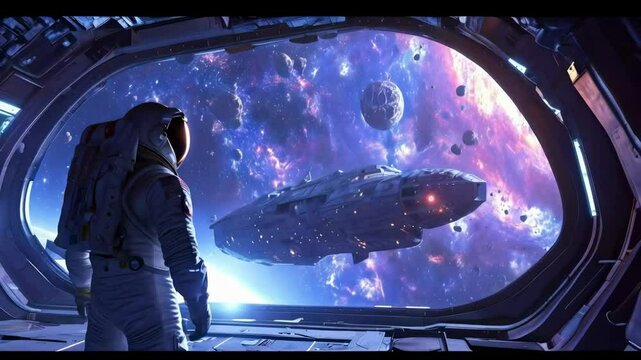 The astronaut is looking at the huge illuminator of an unknown spaceship interior at an empty galaxy