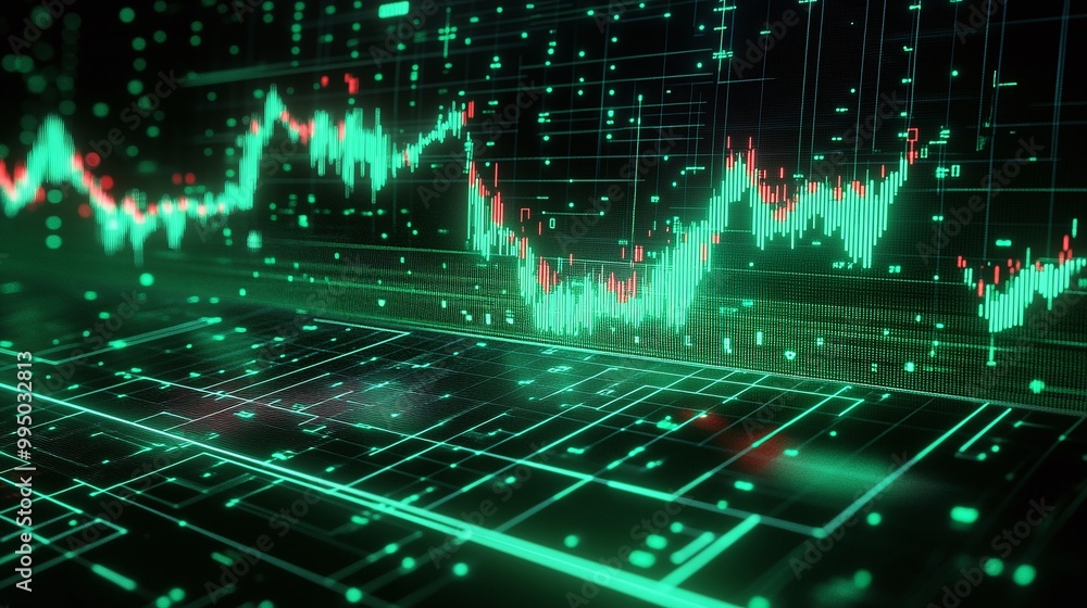 Poster digital stock market chart with green and red data visualizations on a dark background.