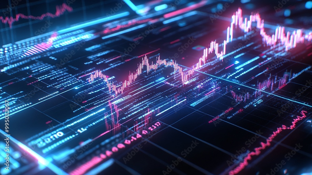 Poster digital stock market data display with vibrant graphs and statistics showcasing financial trends.