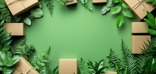 Decorative frame of leaves and boxes on a green background, modern aesthetic.