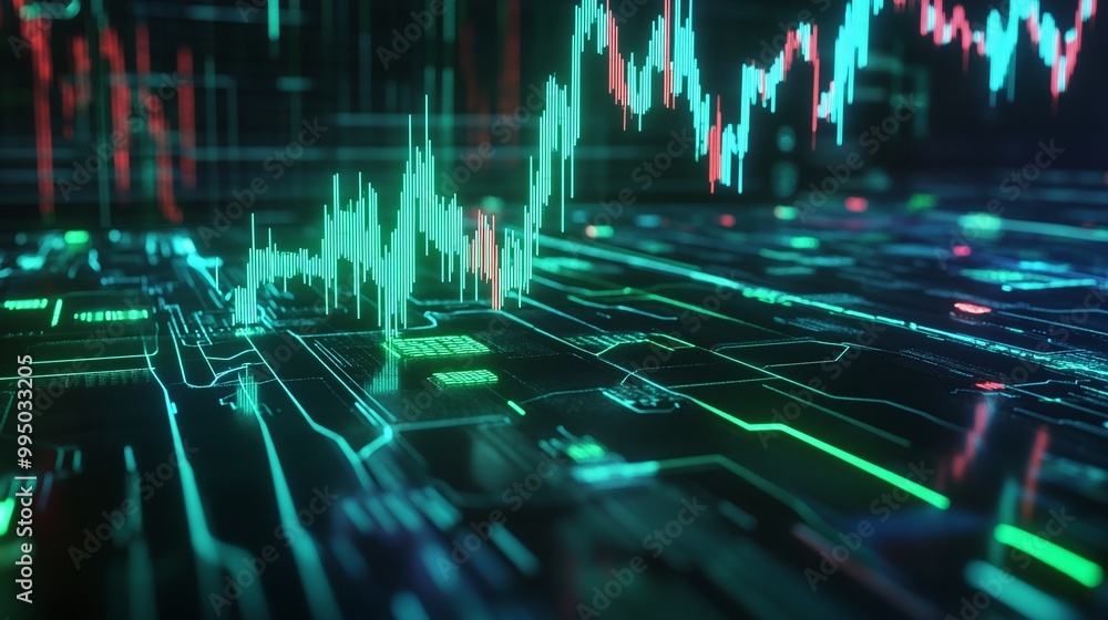 Poster digital stock market data visualization with vibrant graphs and analytics on a futuristic interface.