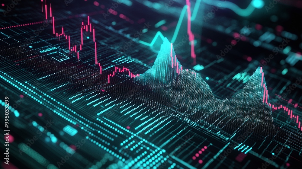 Poster digital stock market data visualization with vibrant graphs and charts on a dark background.