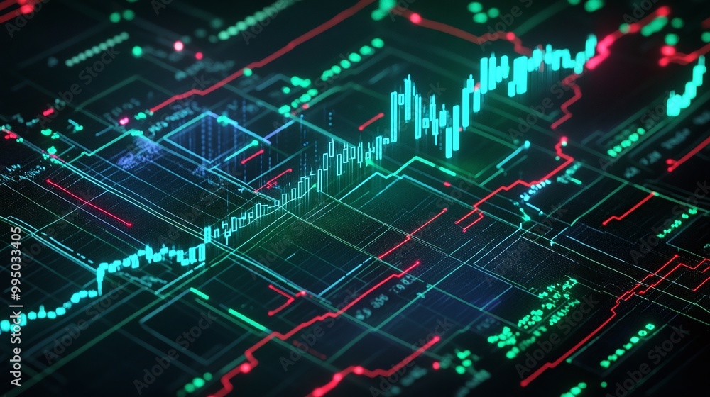 Poster digital stock market data visualization with vibrant green and red graphs, representing financial tr