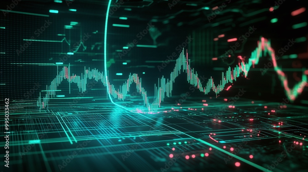 Poster digital stock market graph displaying fluctuating data trends on a futuristic interface.