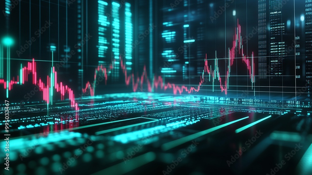 Poster digital stock market graph showing fluctuations in data with vibrant colors and futuristic design.