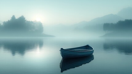 Serene boat on a misty lake at dawn, evoking tranquility.