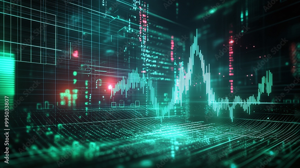 Poster digital stock market graphs with data analysis elements in green and red tones.