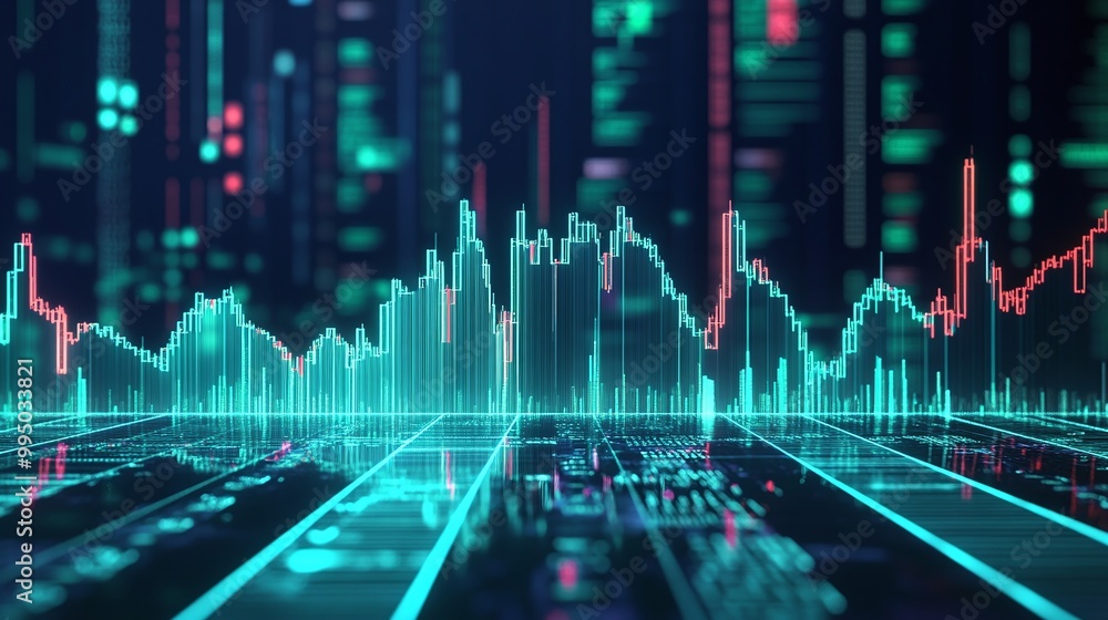 Poster digital technology visualization with vibrant data graphs and fluctuating lines representing market 