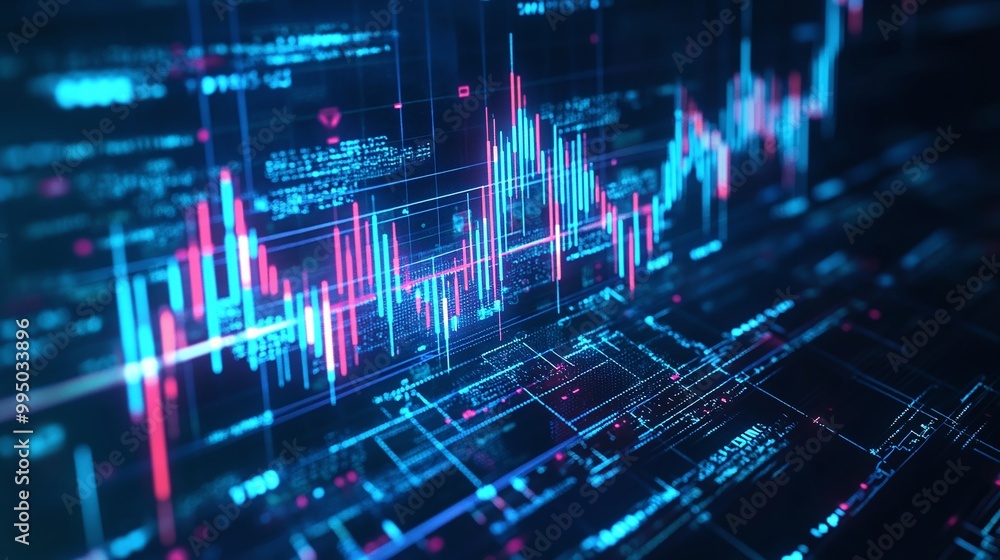 Poster digital trading graph with vibrant charts and data metrics on a futuristic interface.