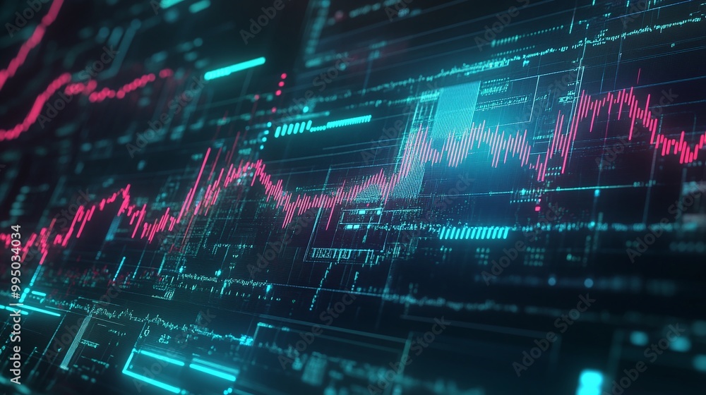 Poster dynamic abstract data visualization with vibrant lines and patterns in teal and pink, showcasing dig