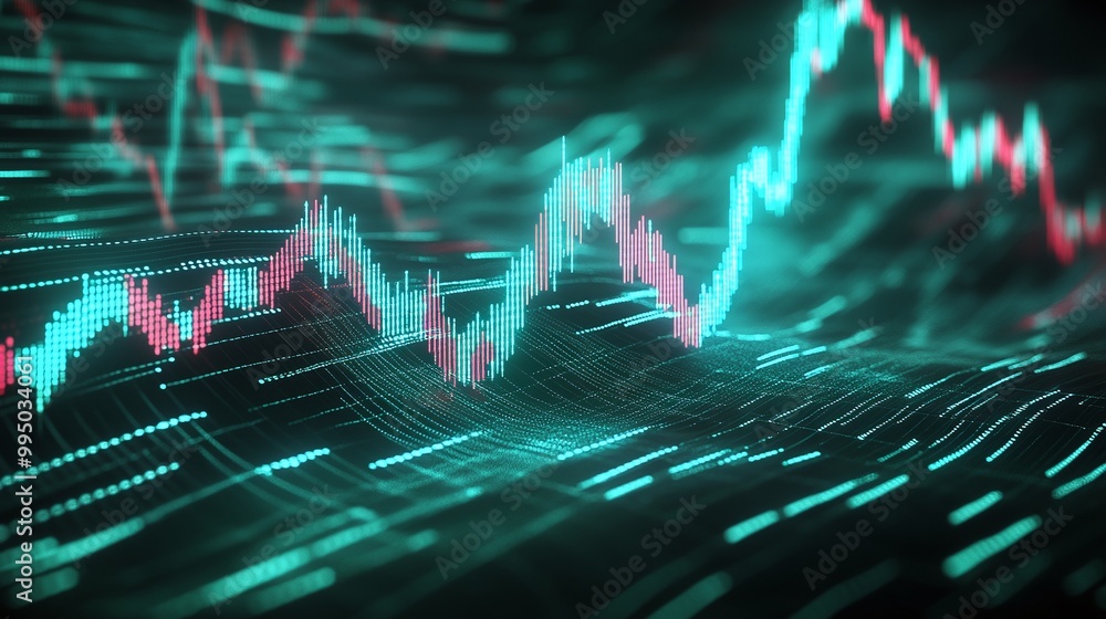 Poster dynamic abstract digital financial chart with glowing lines and percent metrics.