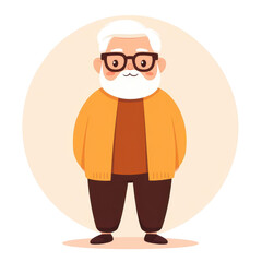 A whimsical, chubby older man with white hair and brown skin stands casually in a vibrant vector art style against a white background.