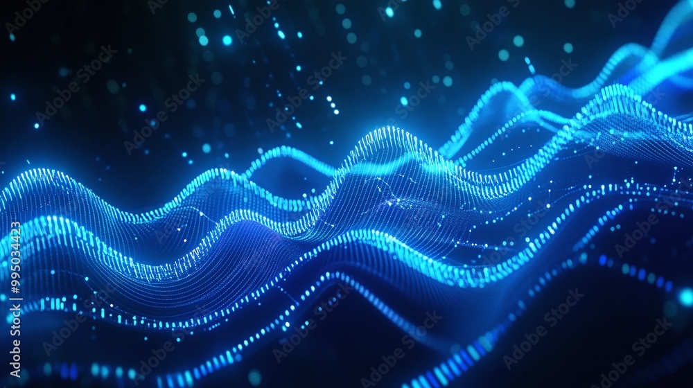 Poster dynamic blue wave patterns with glowing particles on a dark background.