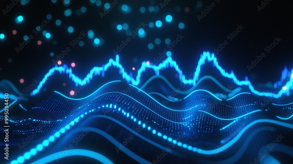 Poster dynamic blue waves of light representing sound waves and data visualization on a dark background.