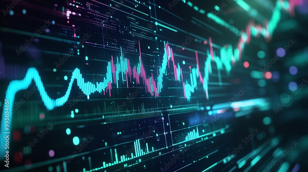 Poster dynamic data visualization of financial trends with vibrant colors and intricate patterns.