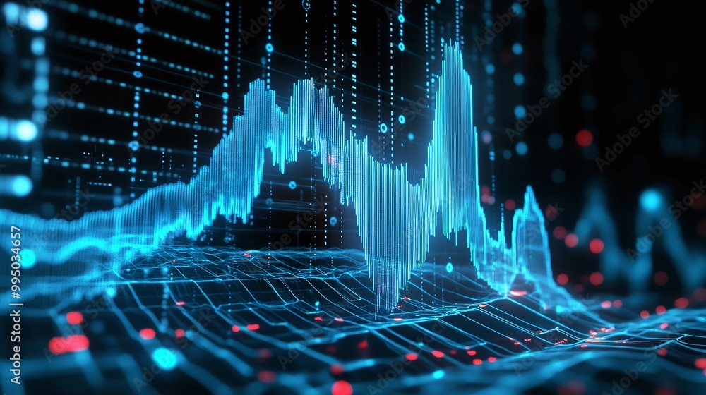Poster dynamic data visualization showcasing fluctuating graphs and abstract charts on a digital interface.