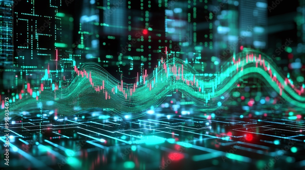 Poster dynamic data visualization with fluctuating graphs and glowing elements, symbolizing finance and dig