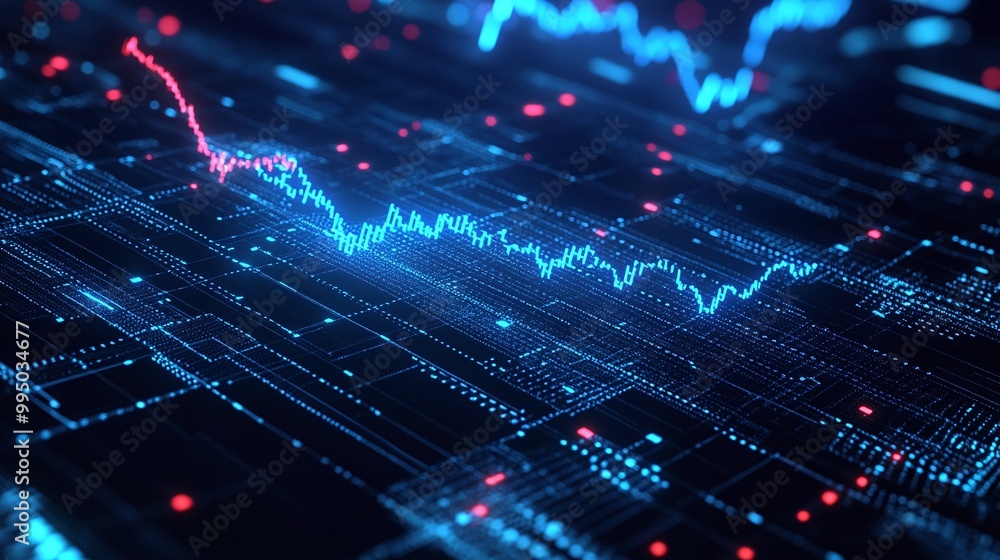 Poster dynamic data visualization with fluctuating graphs and lines on a digital interface.