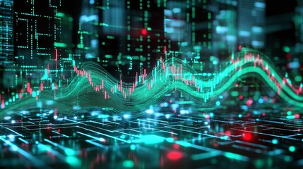 Dynamic data visualization with fluctuating graphs and glowing elements, symbolizing finance and digital innovation.