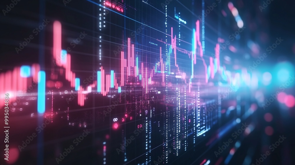 Poster dynamic data visualization with neon colors representing financial trends and metrics in a digital e