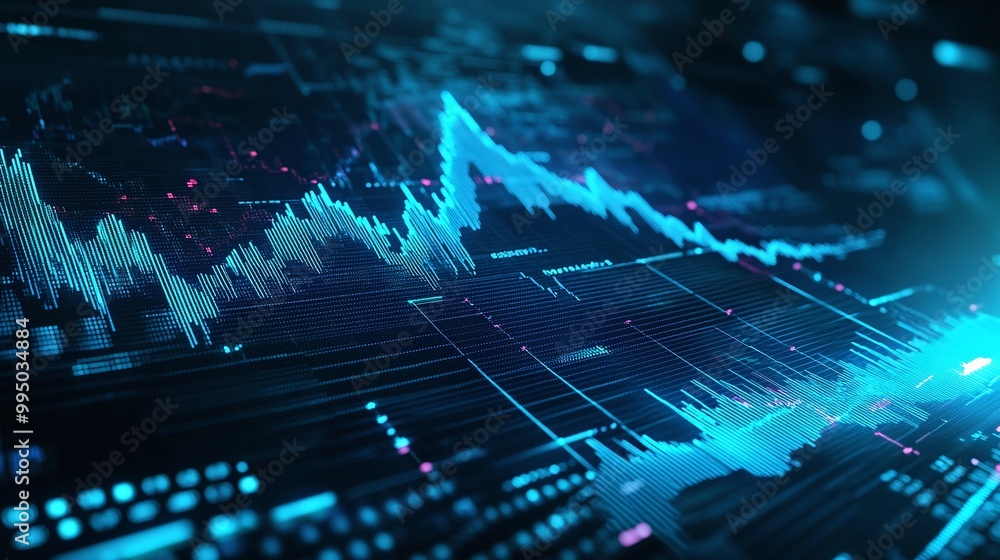 Poster dynamic data visualization with graphs and charts in vibrant blue tones, representing financial tren