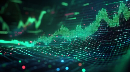 Fototapeta premium Dynamic data visualization with green and blue lines representing market trends and analytics.