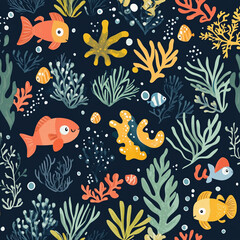 Obraz premium cute underwater sea animals, fishes and plants.
