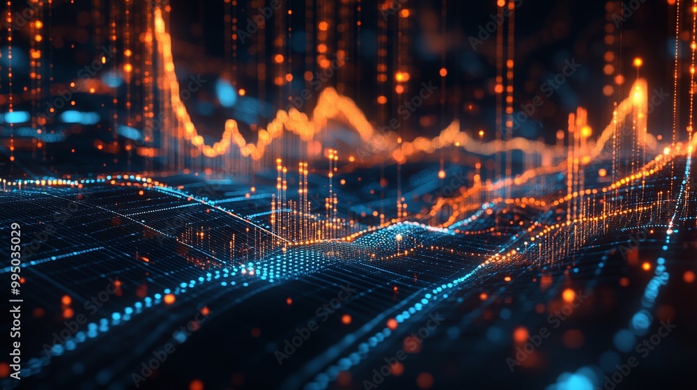 Poster dynamic data visualization with vibrant lines and glowing dots representing information flow and ana