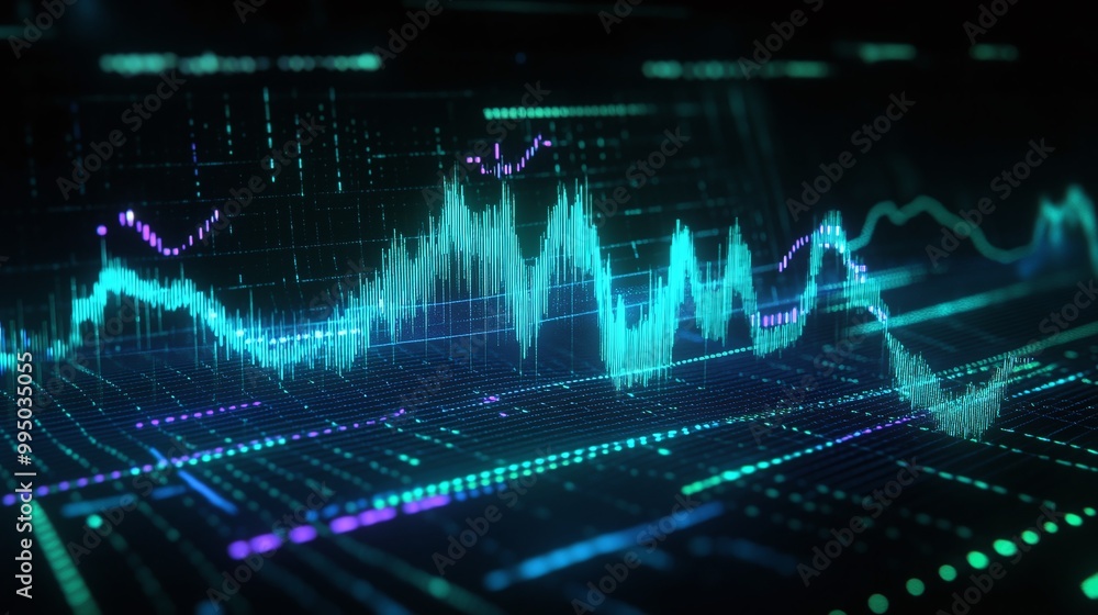 Poster dynamic data visualization with vibrant lines and patterns, showcasing digital analysis and trends i